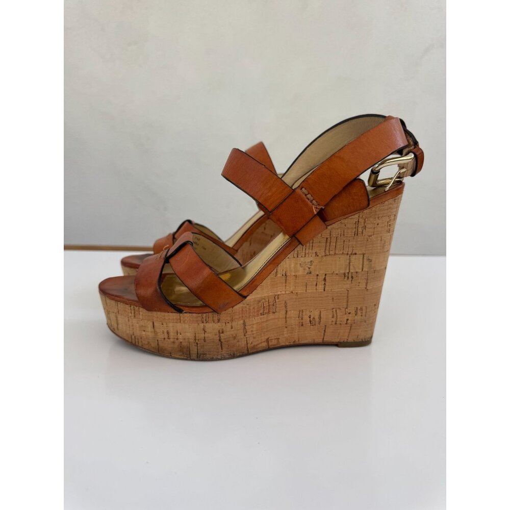 Coach Tan Leather Cork Wedge Sandals With Gold Details Size 8